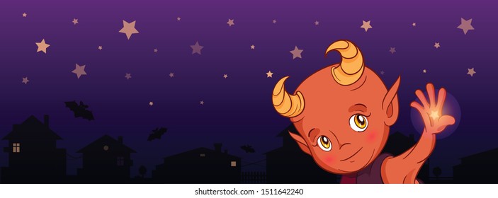 Helloween horizontal background with a cute little demon character. Funny cartoon horned kid from hell on a night street.