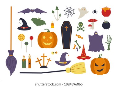 Helloween Icon Flat Vector Set. Pumpkin, ghost, spider, witch hat, mushrooms and candles. White background.