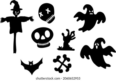 helloween icon set with skulls, ghosts, bones, bat, zombi-hand, 
scarecrow