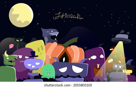 Helloween-Illustrationsdesign mit Doodle-Zeichensatz. mit Roboter, Kürbis, Geist, Monster, Stealth, Hexe, Skelett, außerirdisch, unter uns, ufo, großer Mond. Halloween, Vektorgrafik EPS, Doodle Art, Poster.