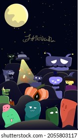 Helloween illustration design with Doodle character set. containing robot, pumpkin, ghost, monster, stealth, witch, skeleton, alien, among us, ufo, big moon. Halloween, vector EPS, doodle art, poster.