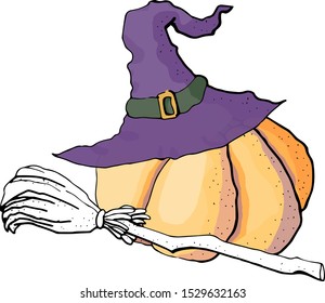 helloween illustration with pumpkin elements hats and brooms in purple and orange colors.