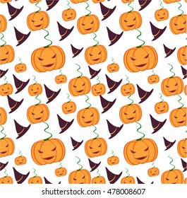 Helloween with orange evil pumpkins and hats.