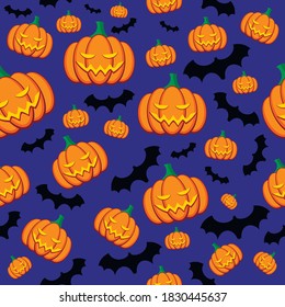 Helloween orange pumpkin and bat seampless pattern on a dark blue background. Vector graphics. Celebration of Helloween. Background, wrapping paper, fabric. 