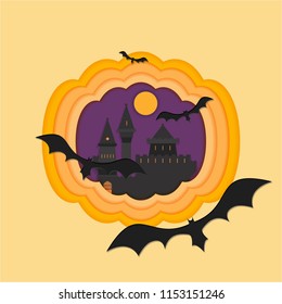 Helloween paper cut vector illustraion with haunted and scary castle full moon helloween cartoon style inside pumpkin 