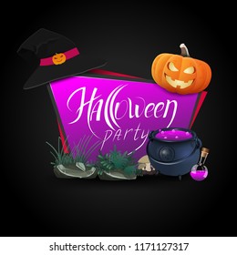 "Helloween party". Purple banner with pumpkins, witch's pot and witch's hat