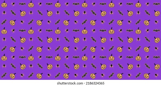 Helloween pattern with bats spiders and pumpkins on a purple background