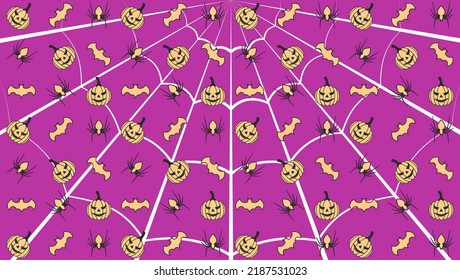 Helloween pattern with bats spiders and pumpkins on a pink background with spider web