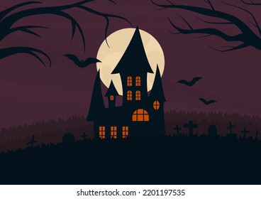 helloween postcard with gloomy castle, full moon and flying bats