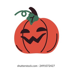 Helloween pumpkin head. Halloween character, carved face, evil smiling expression. October holiday Jack vegetable. Scary creepy decoration. Flat vector illustration isolated on white background