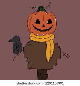 Helloween pumpkin scarecrow holding crow illustration Vector