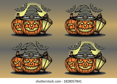 Helloween Pumpkins Set Elements With Hat Vector illustration
