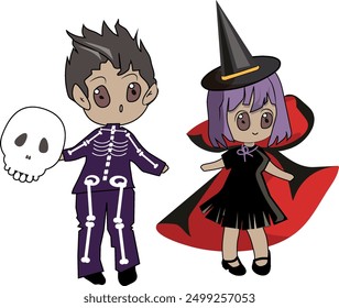  Helloween scary costume skeleton and spooky witch in hat