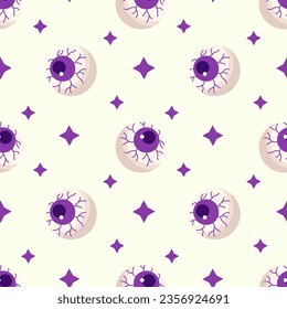 Helloween seamless pattern with eyes and stars. Isolated on light yellow. Vector for poster, offer, flyer, banner, invitation, greeting card.