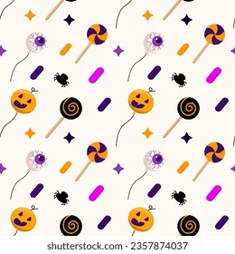 Helloween seamless pattern. Isolated on light yellow. Vector for poster, offer, flyer, banner, invitation, greeting card.  Balloon, pumpkin, eye, spider,  confetti, lollipops.