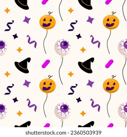 Helloween seamless pattern. Isolated on light yellow. Vector for poster, offer, flyer, banner, invitation, greeting card.  Balloon, Witch hat, pumpkin, eye, spide, confetti, lollipops.