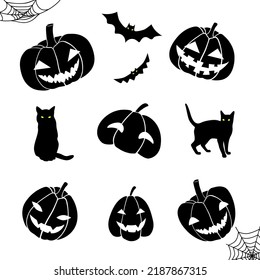 helloween set black and white pumpkin cat bat cut template. Vector Illustration
