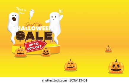  Helloween special vector design sale up to 50% with podium, pumpkin and cute 3d ghost and yellow background, good for use for banners, flyers, backgrounds, templates, greetings, and social media cont