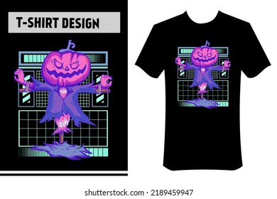 Helloween-T-Shirt-Design, Vektorkürbis-Monster-Illustration, auf geometrischem Hintergrund, Cyber-Punk-Farben, perfekt für halbtägige Feierlichkeiten