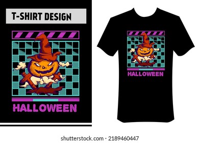 Helloween T-Shirt Design, Vektorkürbissuemonster-Illustration, Hut und Kreuz. mit geometrischem Hintergrund, türkisfarbene Punk-Farben, perfekt für Halloween-Feiern