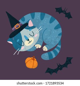 Helloween vector stock illustration with cute cat in a witch hat, bats and pumpkin. Hand drawn style. For party decoration, posters, invitations, labels, social media posts.