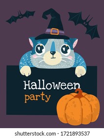 Helloween vector stock illustration with cute cat in a witch hat, bats and pumpkin. Hand drawn style. For party decoration, posters, invitations, labels, social media posts.