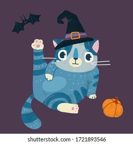 Helloween vector stock illustration with cute cat in a witch hat, bats and pumpkin. Hand drawn style. For party decoration, posters, invitations, labels, social media posts.