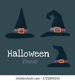 Helloween vector stock illustration with halloween stuff: witch hats. Hand drawn style. For party decoration, posters, invitations, social media posts.