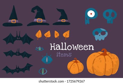 Helloween vector stock illustration with halloween stuff: witch hats, bats, pumpkins, skull, eyes and autumn leaves. Hand drawn style. For party decoration, posters, invitations, social media posts.
