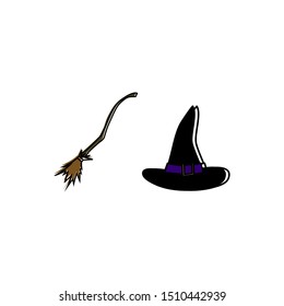 Helloween vector. Witch's hat and broom. 