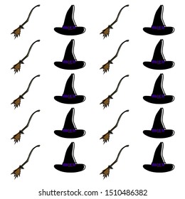 Helloween vectors. Witch's hat and broom pattern