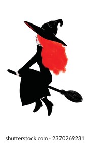 Helloween  Young Witch riding a broom wiith red hair