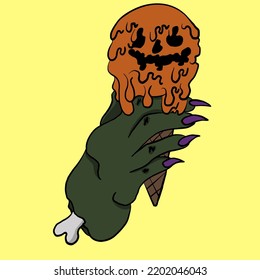 Helloween zombie hand holding pumpkin ice cream illustration