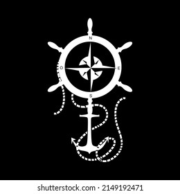 Helm with a anchor below, a rope and a compass inside