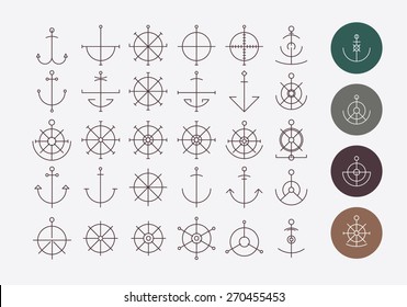 Helm and anchor hipster logos and icon on a gray background