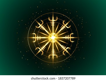 Helm of awe, icelandic magical stave, Gold round Vegvisir runic compass. Viking symbols for the purpose of protection from disease. Old Sacred Norse golden fire sign vector isolated on dark green