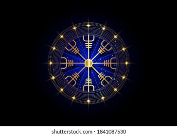 Helm of awe, icelandic magical stave, Gold round Vegvisir runic compass. Viking symbols for the purpose of protection from disease. Old Sacred Norse golden Wheel signs vector isolated on dark blue