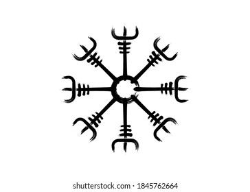 Helm of awe, icelandic magical stave, Vegvisir runic compass. Viking symbols for the purpose of protection from disease. Very Old and Sacred Norse sign grunge paint brush stroke style vector isolated 