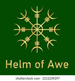 Helm of Awe icon. Helm of terror sign isolated on green background. Icon Aegishjalmur in gradient gold color. Icelandic symbol of protection, victory. Banner with nordic tattoos. Vector illustration