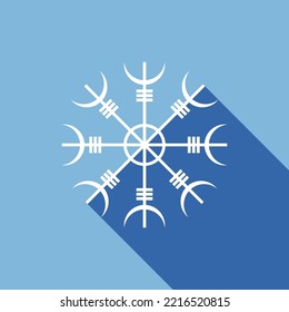 Helm of Awe icon. Helm of terror sign isolated on blue background. White icon Aegishjalmur with long shadow. Icelandic symbol of protection, victory. Banner with nordic tattoos. Vector illustration