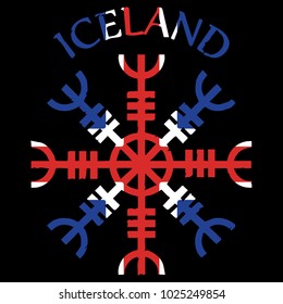 Helm of awe, helm of terror, Icelandic magical staves, Aegishjalmur, with Iceland flag, vector illustration