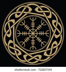 Helm of awe, helm of terror, Icelandic magical staves with scandinavian pattern, Aegishjalmur, isolated on black, vector illustration