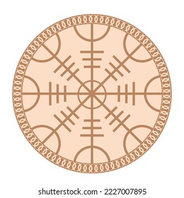 Helm of Awe or Helm of Terror. Norse mythology. Icelandic magical stave. Galdrastafir, intertwined runes. Beige fashion design.