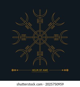 Helm of Awe or helm of terror sign. Icelandic symbol of protection and victory. Line art; art deco color. Esoteric; witchcraft.; Vector golden illustration isolated on black background