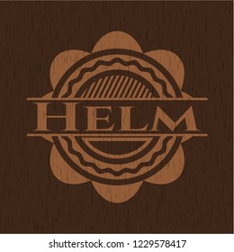 Helm badge with wood background