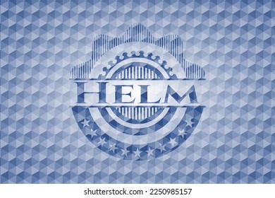 Helm blaues Emblem oder Abzeichen mit abstraktem geometrischem Muster-Hintergrund. Vektorgrafik. Detaillierte Angaben. 