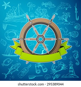 helm boat with hand-drawn elements of marine theme