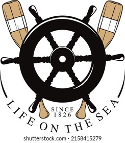 the helm of a boat with two oars behind wood and the writing life on the sea. 