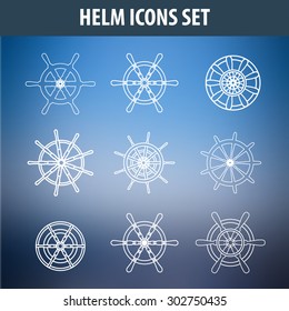 Helm icons set. Marine helm collection. Line helm icons. Vector helm set. Vintage helms set on blurred background. EPS10 vector illustration.