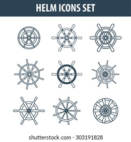 Helm icons set. Marine helm collection. Line helm icons. Vector helm set. Vintage helms set on white background. EPS10 vector illustration.